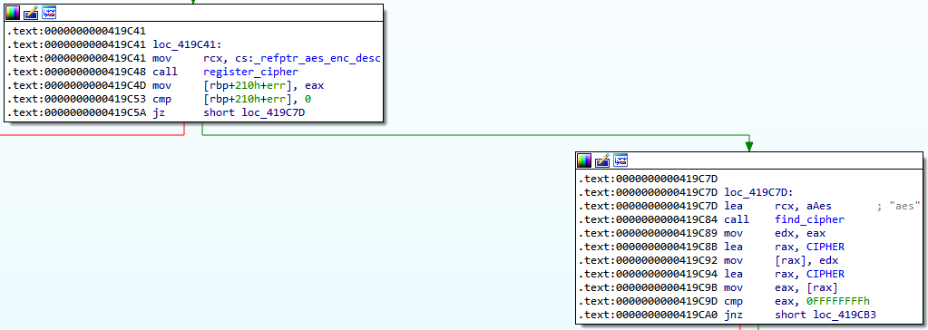 IDA: register_cipher then find_cipher setting up the AES cipher