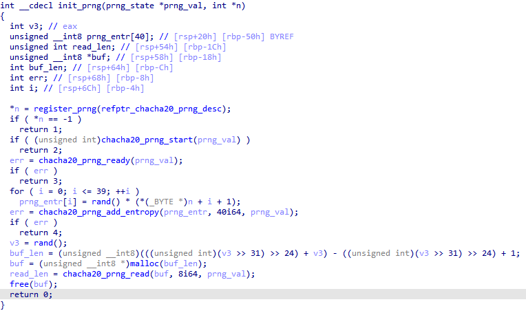 IDA: init_prng calling libtomcrypt's ChaCha20 routines and rand