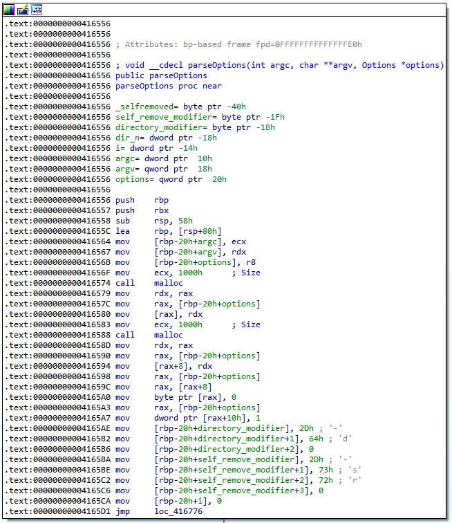 IDA: call to parseOptions parsing the attacker's command-line arguments