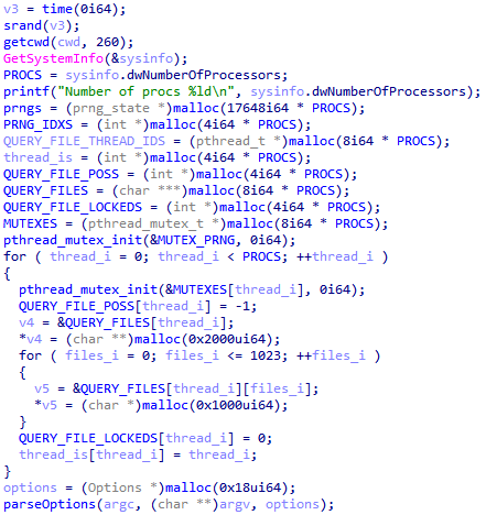 main pseudocode: srand seeding, GetSystemInfo, the thread loop and parseOptions