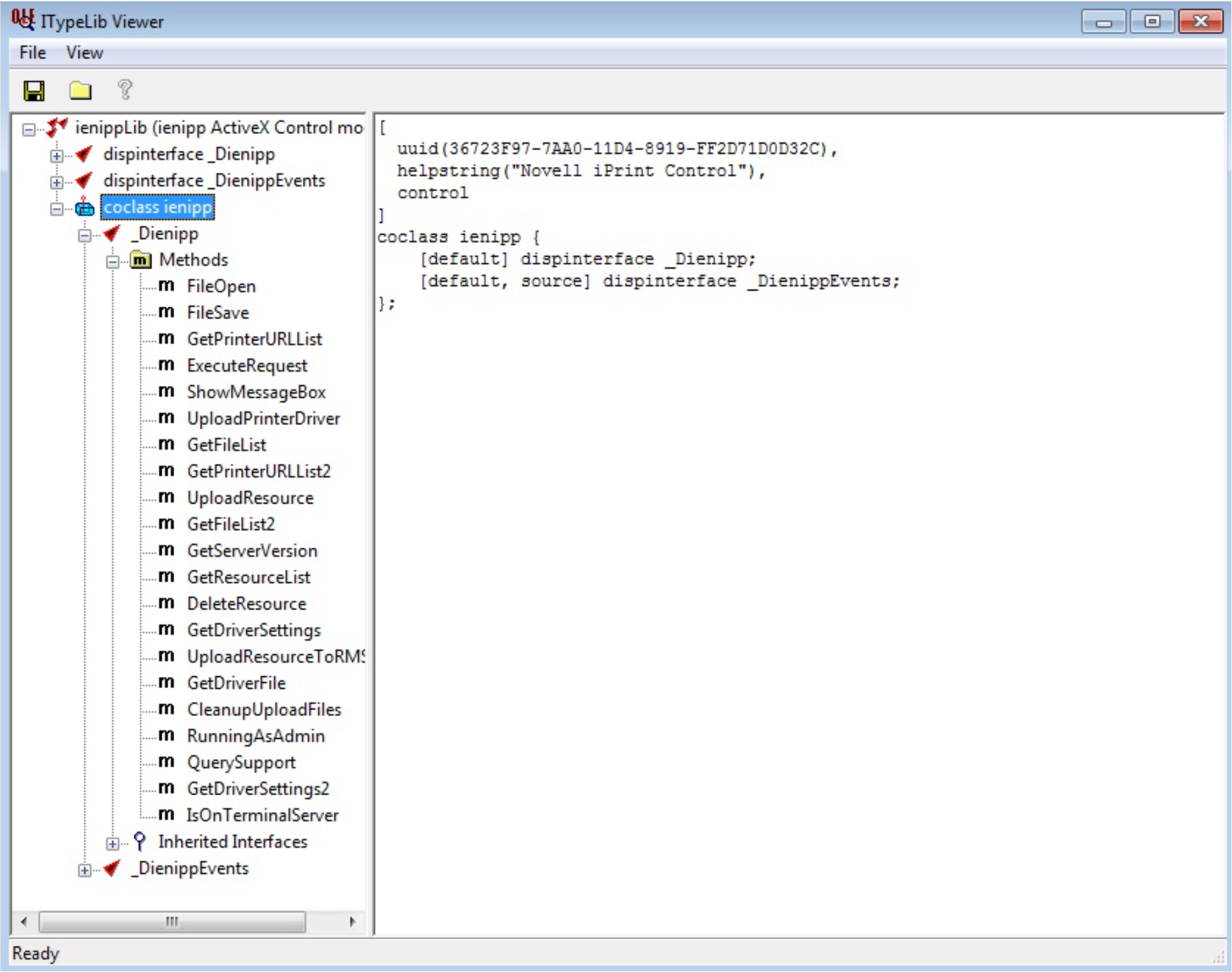 OLE/COM Object Viewer browsing the methods exposed by ienipp.ocx