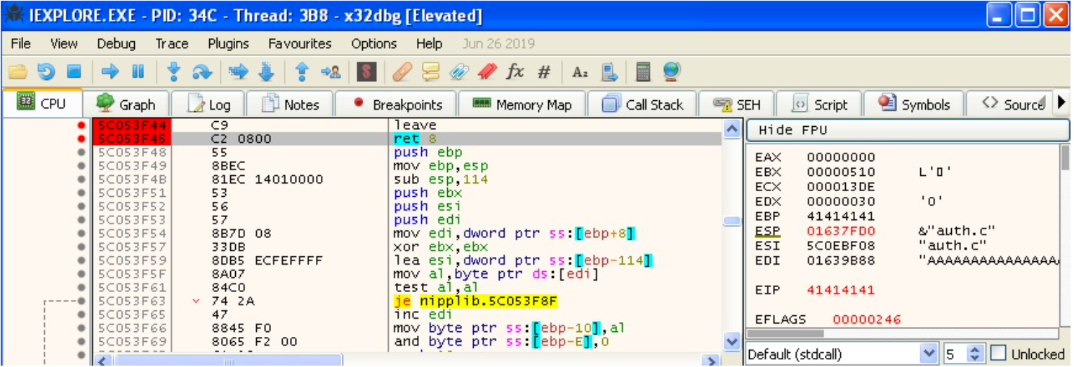 Crash with EIP = 0x41414141 after the ret instruction