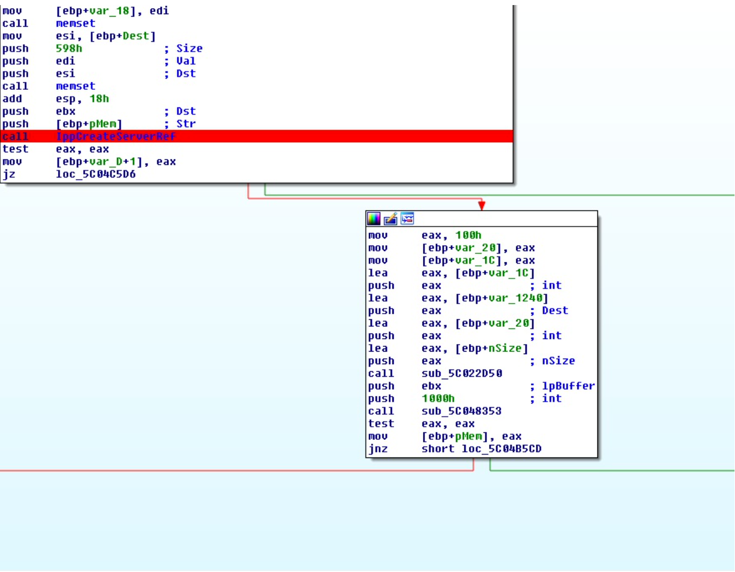 First conditional jump in sub_5C04B514, branching on IppCreateServerRef