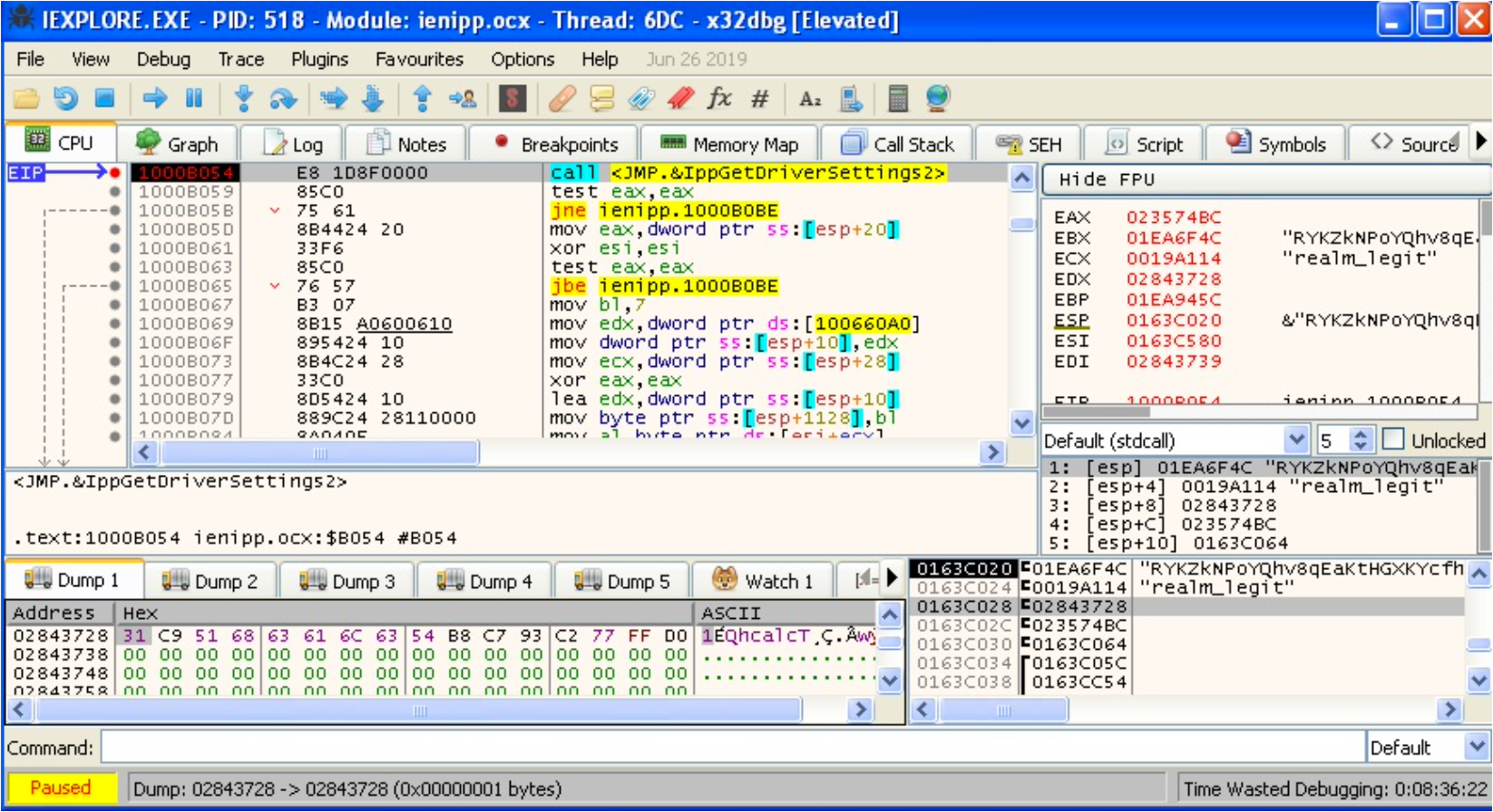 Stack frame at IppGetDriverSettings2: userName address visible
