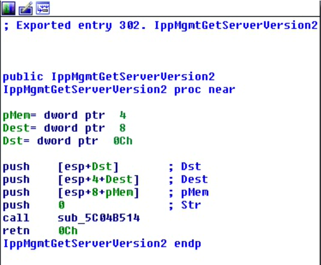 IppMgmtGetServerVersion2 forwarding to sub_5C04B514