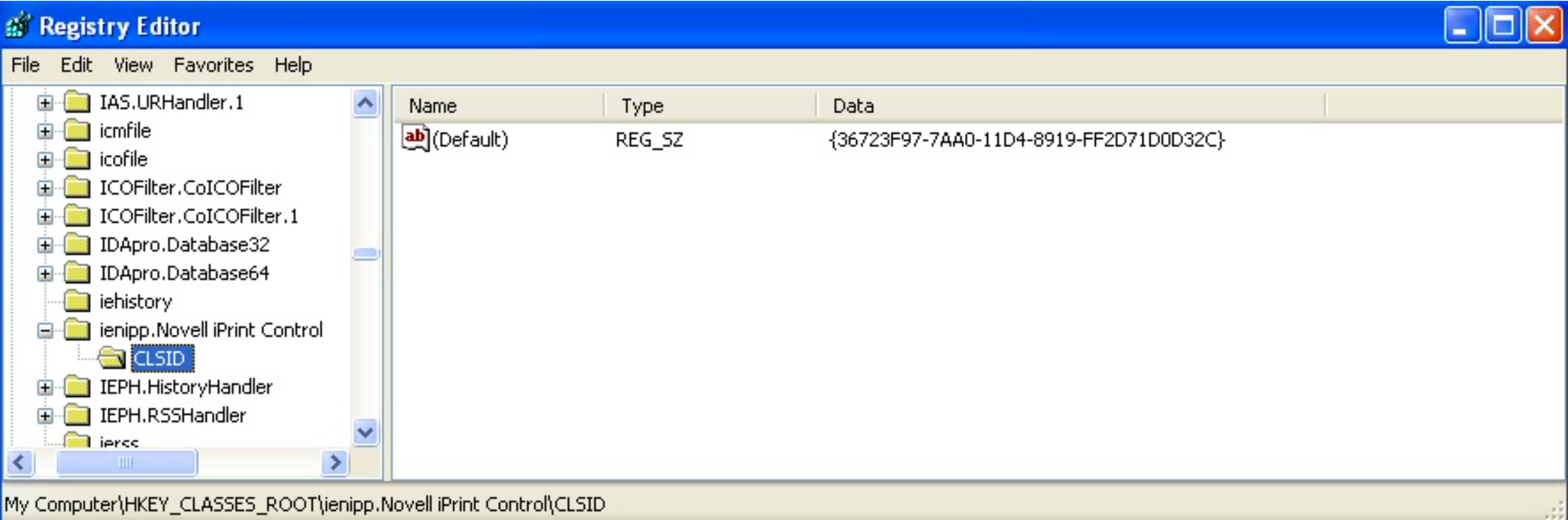 Registry Editor entry showing the iPrint controller CLSID