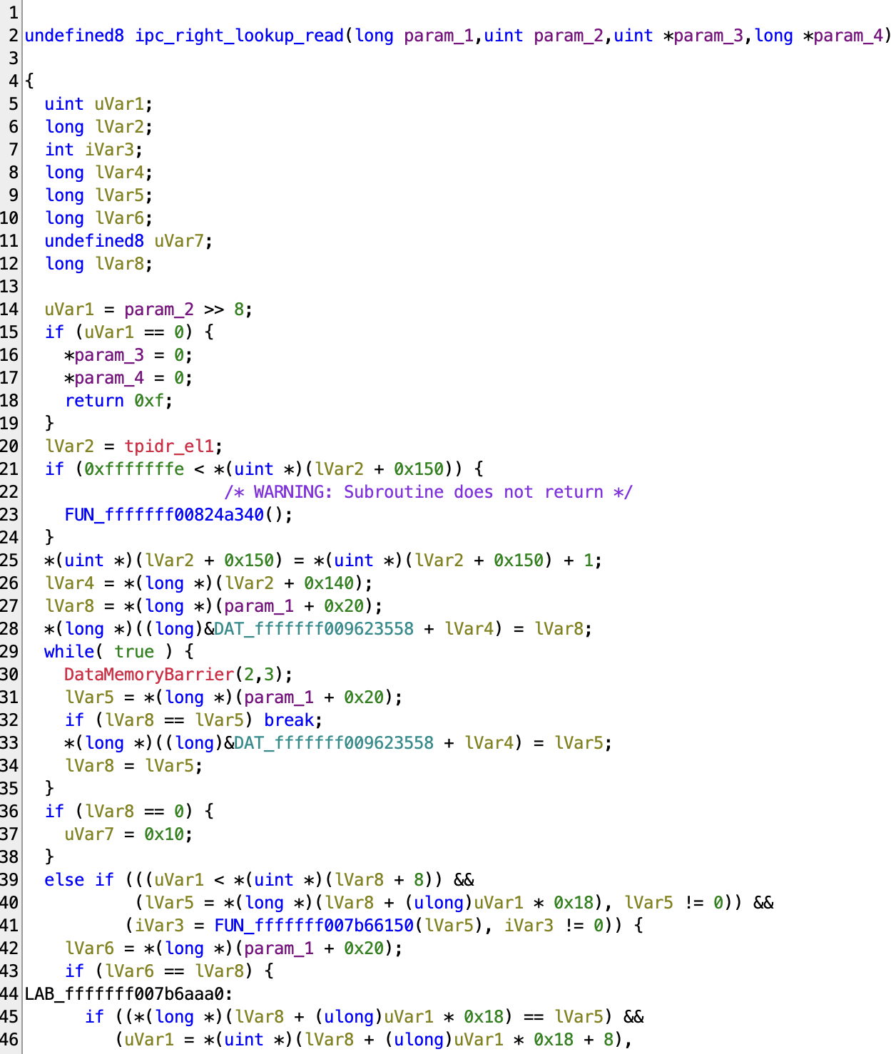 ipc_right_lookup_read decompiled in Ghidra: the port name shifted right by 8 for the table index, scaled by the ipc_entry size, resolving to the entry's ie_object and ie_bits